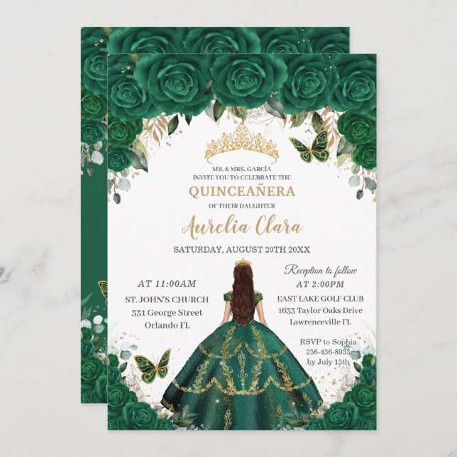 Convite Quinceañera Emerald Floral Princesa Dourada Coroa (Frente/Verso)