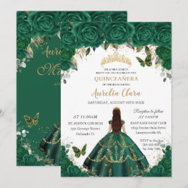 Convite Quinceañera Emerald Floral Princesa Dourada Coroa