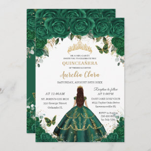 Convite Quinceañera Emerald Floral Princesa Dourada Coroa