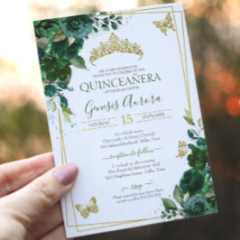 Convite Quinceañera Emerald Forest Dourada Borboleta Verde