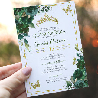 Convite Quinceañera Emerald Forest Dourada Borboleta Verde