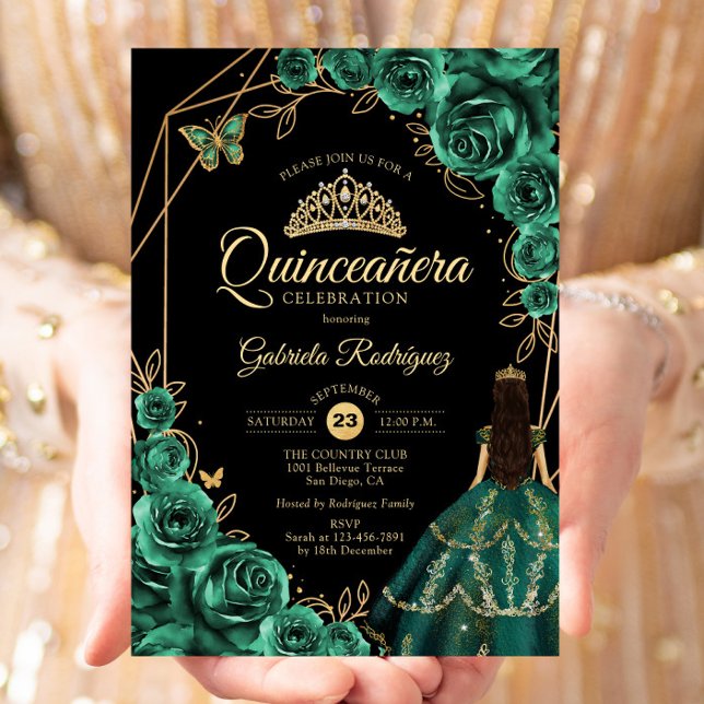 Convite Quinceanera Emerald Gold Gold Dress Floral  (Criador carregado)