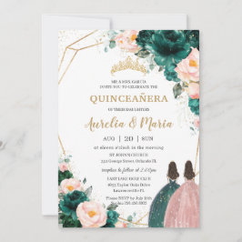 Convite Quinceañera Emerald Green Blush Gêmeas Florais