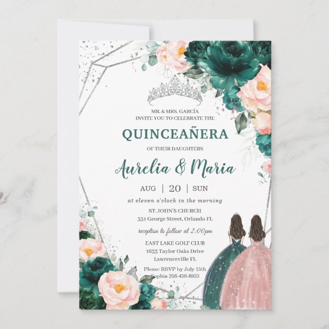 Convite Quinceañera Emerald Green Blush Gêmeas Florais (Frente)