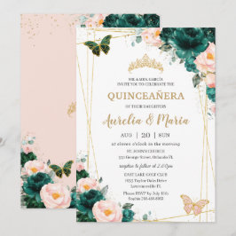 Convite Quinceañera Emerald Green Blush Gêmeas Florais
