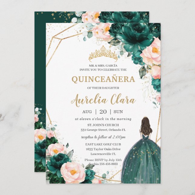 Convite Quinceañera Emerald Green Blush Princesa Floral (Frente/Verso)
