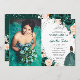 Convite Quinceañera Emerald Green Blush Princesa Floral