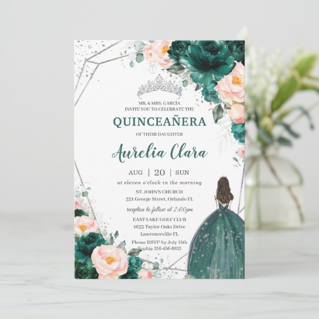 Convite Quinceañera Emerald Green Blush Princesa Floral (Em pé/Frente)