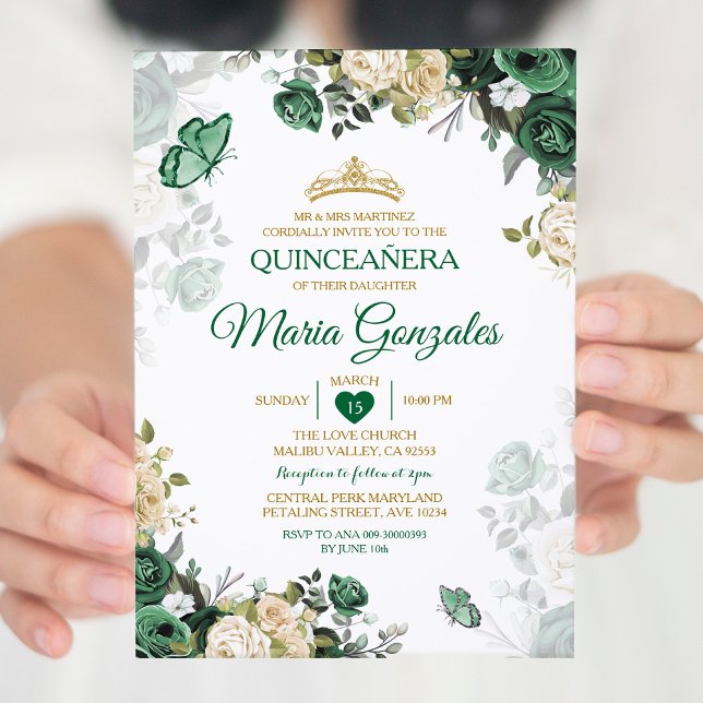 Convite Quinceañera Emerald Green Borboleta Mexicana (Criador carregado)