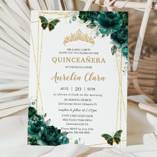 Convite Quinceañera Emerald Green Borboletas Florais Tiara