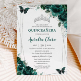 Convite Quinceañera Emerald Green Borboletas Florais Tiara