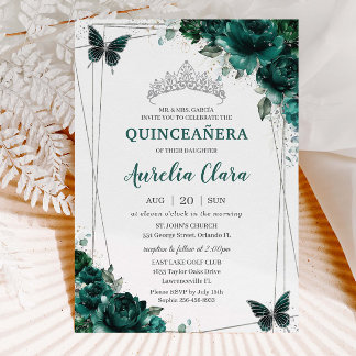 Convite Quinceañera Emerald Green Borboletas Florais Tiara