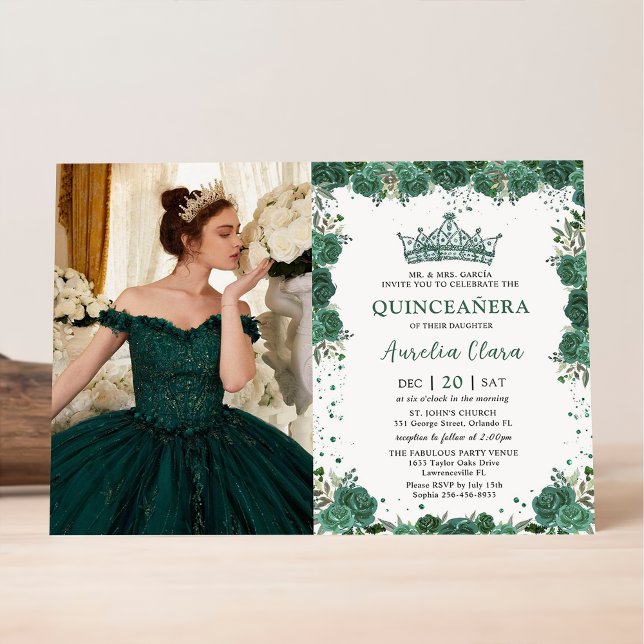 Convite Quinceañera Emerald Green Crown Aniversário (Criador carregado)