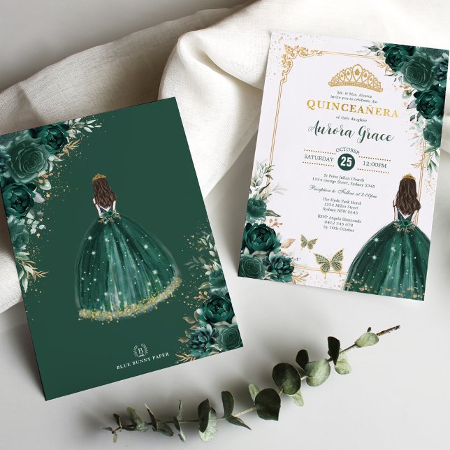 Convite Quinceañera Emerald Green Dourada Princesa Floral (Criador carregado)