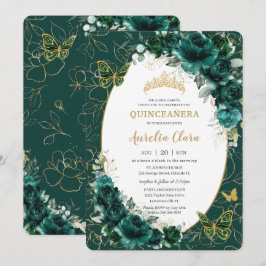 Convite Quinceañera Emerald Green - Douradas Borboletas Fl