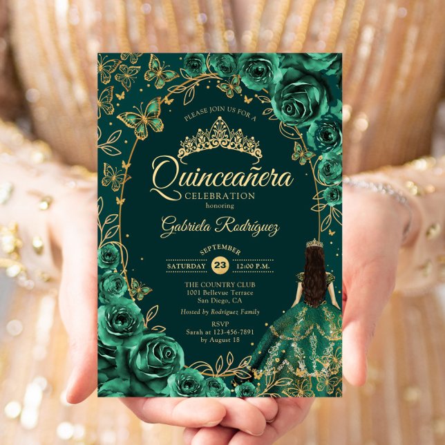 Convite Quinceanera Emerald Green Dourado (Criador carregado)