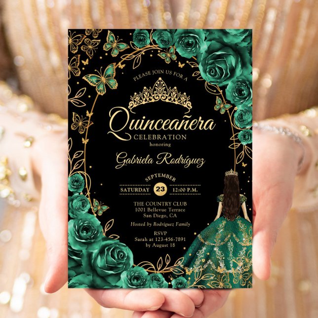 Convite Quinceanera Emerald Green Dourado (Criador carregado)