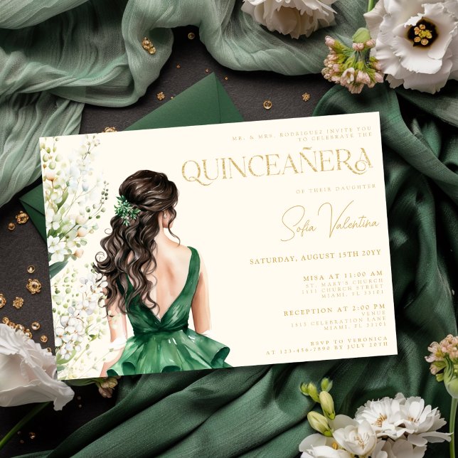 Convite Quinceañera Emerald Green Dress Floral Brunette (Quinceañera Emerald Green Dress Floral Brunette Invitation)