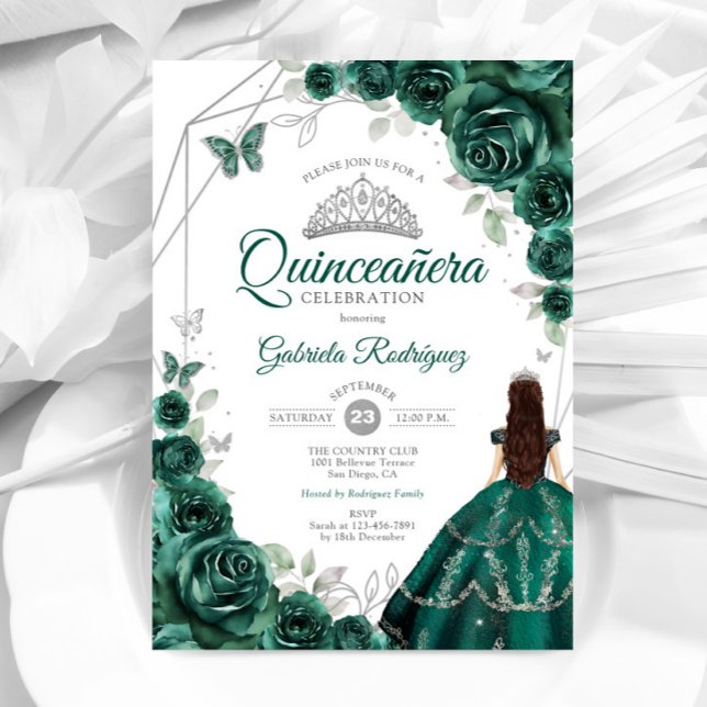 Convite Quinceanera Emerald Green Dress Silver (Criador carregado)