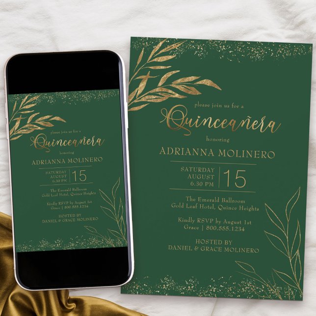 Convite Quinceanera Emerald Green e Dourado Folha Elegante (Elegant Quinceanera invitation in emerald green from my Gold Leaf Collection)