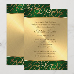 Convite Quinceanera Emerald Green e Dourados Filigree Swir