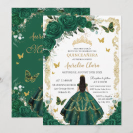 Convite Quinceañera Emerald Green Floral Black Hair Dourad
