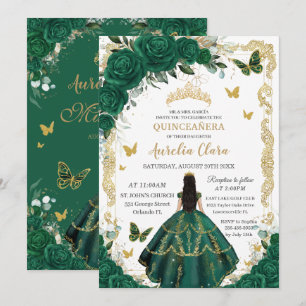 Convite Quinceañera Emerald Green Floral Black Hair Dourad