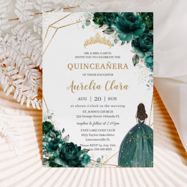 Convite Quinceañera Emerald Green Floral Dourada Princesa  (Criador carregado)