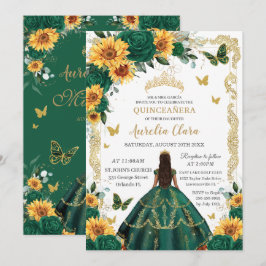 Convite Quinceañera Emerald Green Floral Girinas Douradas