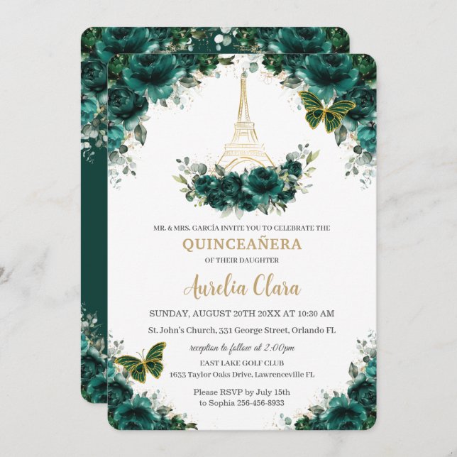 Convite Quinceañera Emerald Green Floral Paris Butterflies (Frente/Verso)