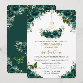Convite Quinceañera Emerald Green Floral Paris Butterflies