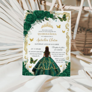 Convite Quinceañera Emerald Green Floral Princesa Dourada