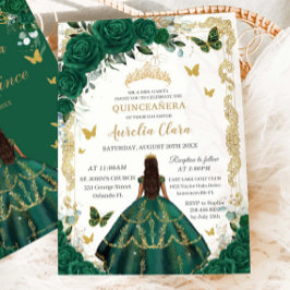 Convite Quinceañera Emerald Green Floral Princesa Dourada
