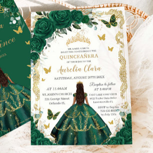 Convite Quinceañera Emerald Green Floral Princesa Dourada