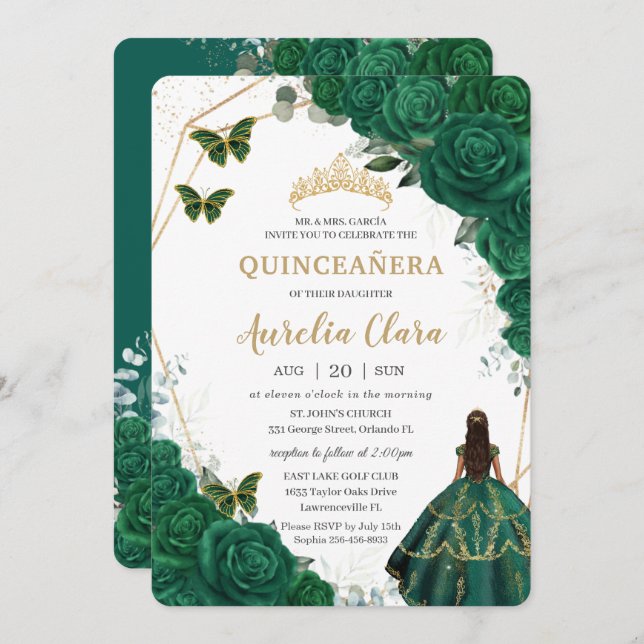 Convite Quinceañera Emerald Green Floral Princesa Dourada (Frente/Verso)