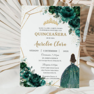 Convite Quinceañera Emerald Green Floral Princess Español