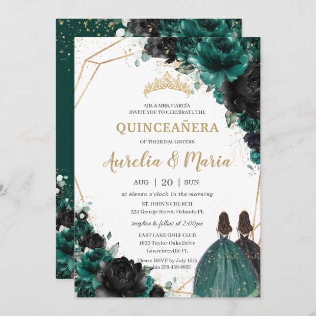 Convite Quinceañera Emerald Green Floral Rosas Gêmeas (Frente/Verso)