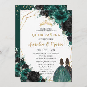 Convite Quinceañera Emerald Green Floral Rosas Gêmeas