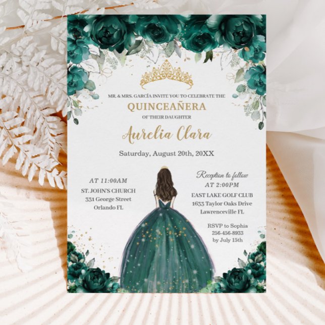 Convite Quinceañera Emerald Green Floral Tiara Princess (Criador carregado)