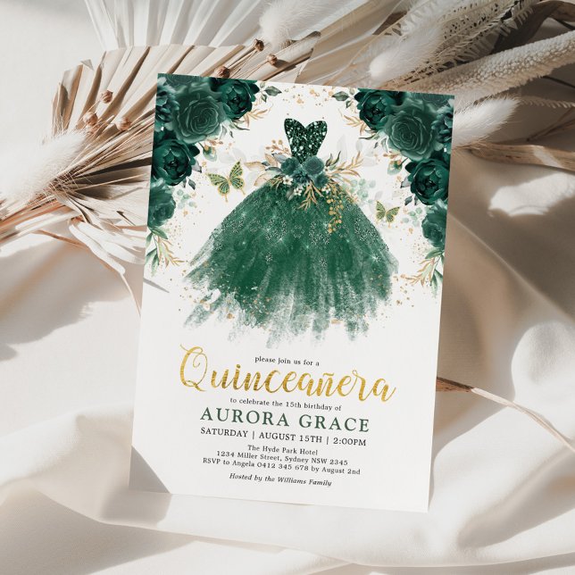 Convite Quinceañera Emerald Green Flower Princess Birthday (Criador carregado)