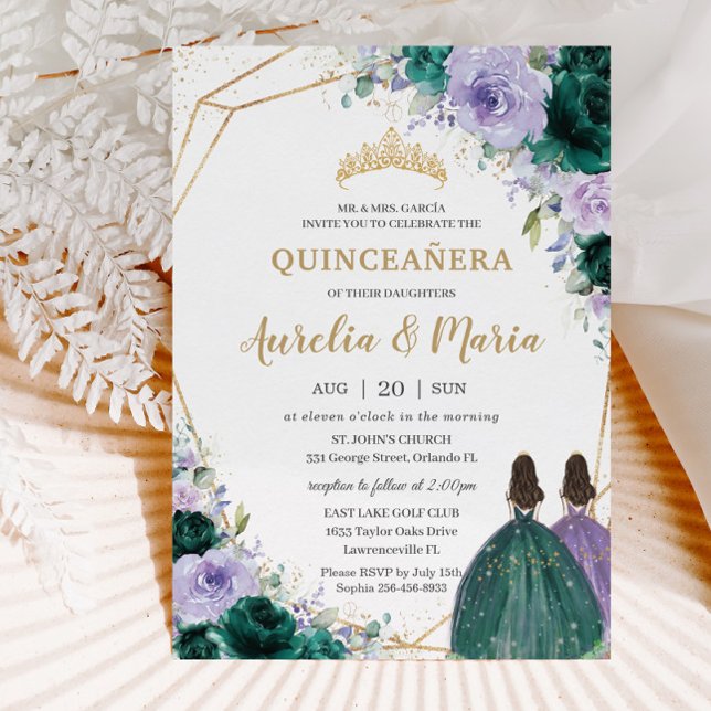 Convite Quinceañera Emerald Green Gêmeas Florais Lilac (Criador carregado)