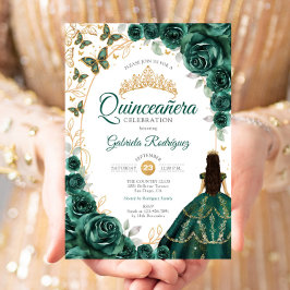 Convite Quinceanera Emerald Green Gold Floral