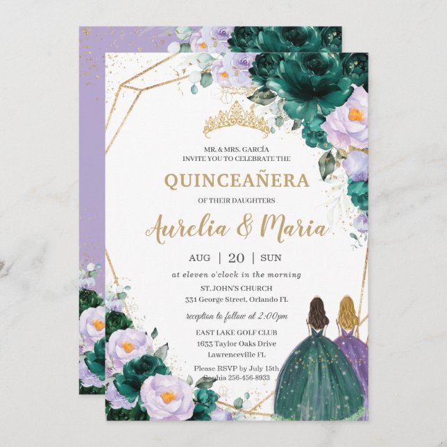 Convite Quinceañera Emerald Green Lilac Rosas Florais Gême (Frente/Verso)