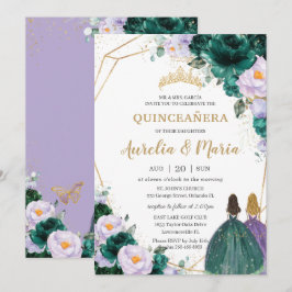 Convite Quinceañera Emerald Green Lilac Rosas Florais Gême