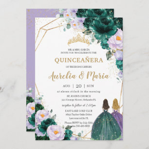 Convite Quinceañera Emerald Green Lilac Rosas Florais Gême