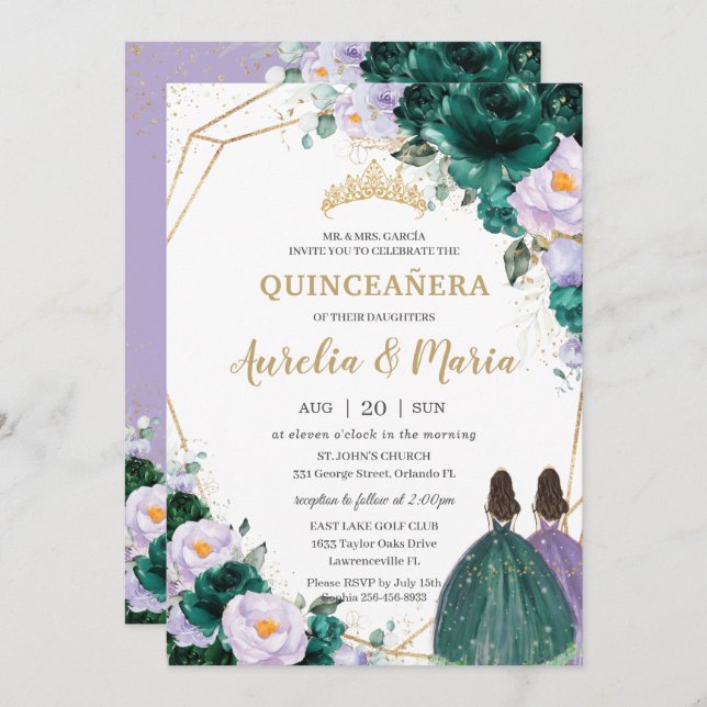 Convite Quinceañera Emerald Green Lilac Rosas Florais Gême (Frente/Verso)