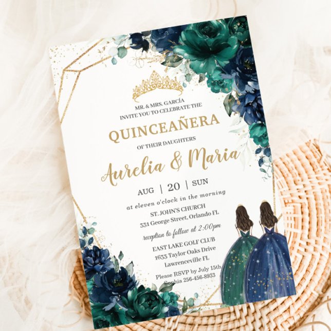 Convite Quinceañera Emerald Green Marinho Gêmeas Azuis (Criador carregado)