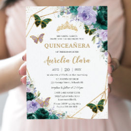 Convite Quinceañera Emerald Green Purple Lilac Floral