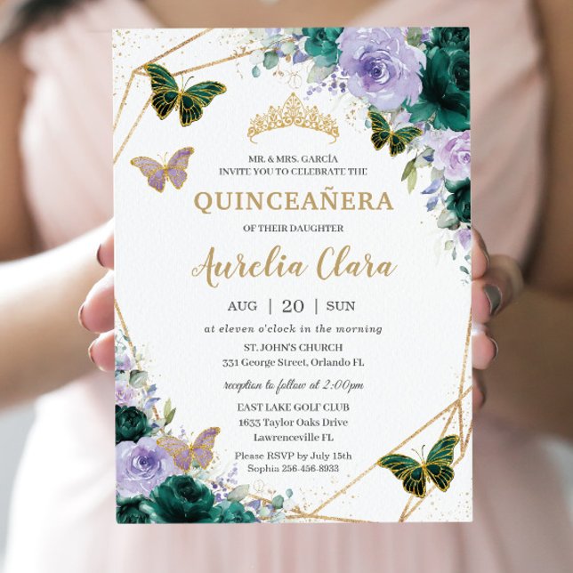 Convite Quinceañera Emerald Green Purple Lilac Floral (Criador carregado)