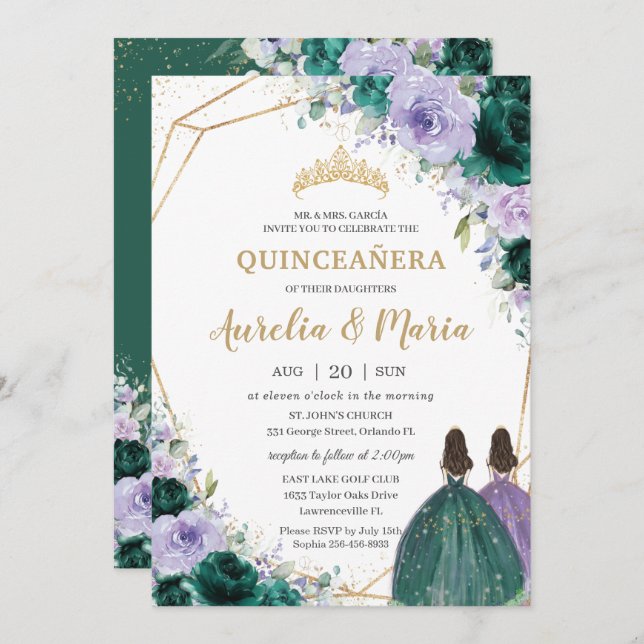 Convite Quinceañera Emerald Green Roxo Gêmeas Florais (Frente/Verso)